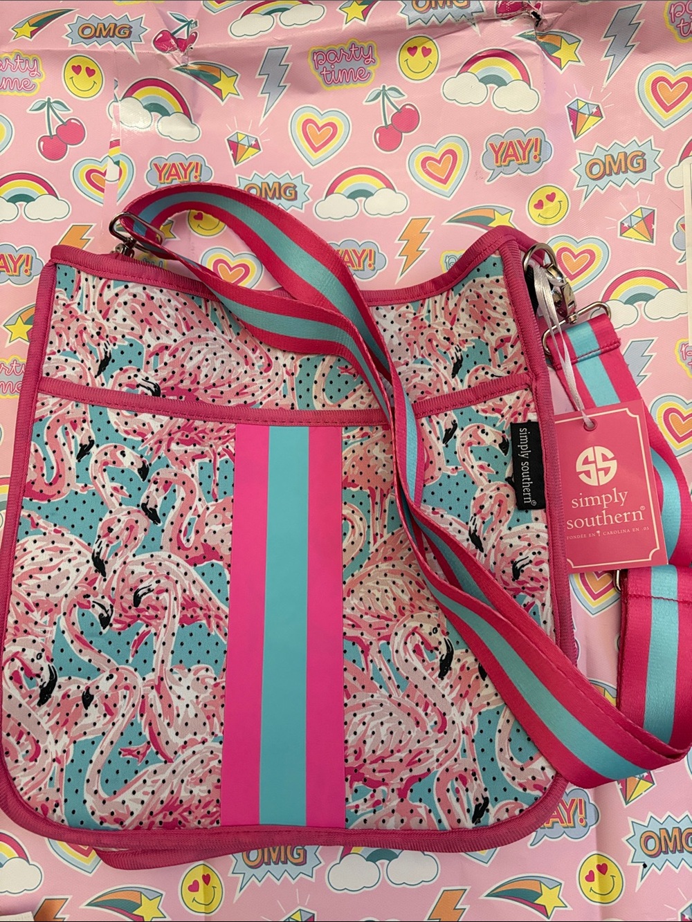 Simply Southern Pink & Teal Flamingo Crossbody with Striped Strap